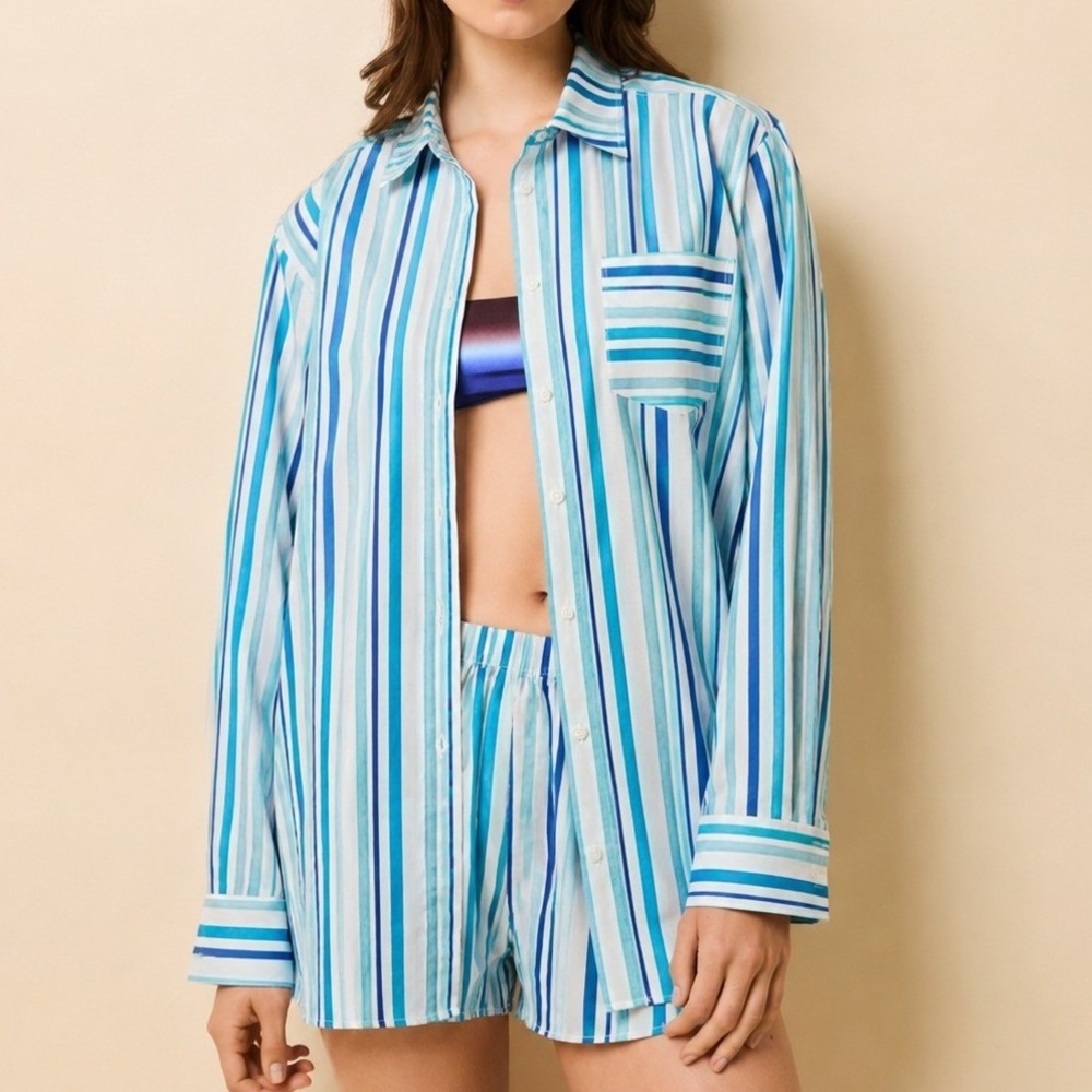 SOLID & STRIPED Mixed Blue Striped Button Down Shirt Oversized Size Small